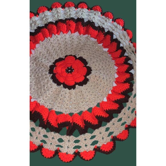 HUGE Vintage Handmade Crochet Doily 24" Round Retro Decor Orange/Brown/Tan Kitsc - Picture 3 of 10